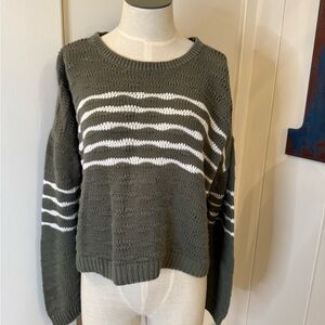 CAbi Olive & White Striped Crewneck Sweater light weight size S Spring look